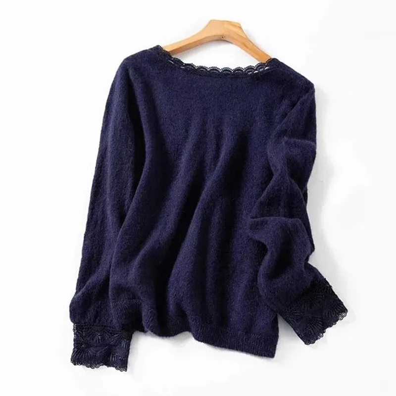 New Fashion V-neck Women Knitted Sweater Cardigan Hollow Lace Stitching Single-breasted Knitwear Short Coat Top |