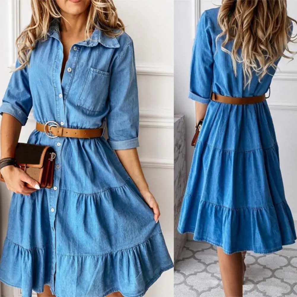 

50% 2021 New Denim Dress Three Quarter Sleeve Turn-down Collar Buttons Ruffle Denim Dress for Work