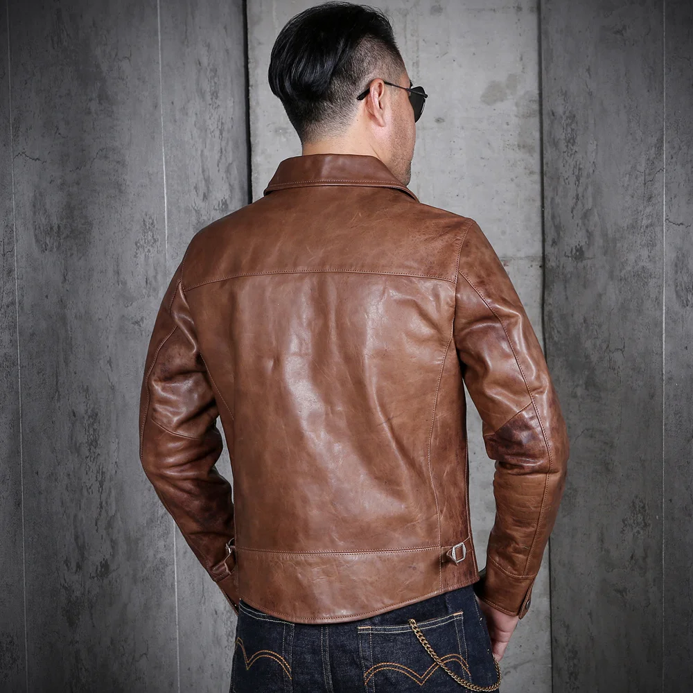 

Мужская короткая приталенная куртка из натуральной кожи, коричневая Повседневная винтажная весенняя куртка большого размера 3XL в японском ...