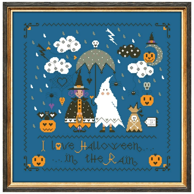 

Halloween in the rain Cross-stitch embroidery sets design 18ct 14ct 11ct denim blue unprint canvas embroider DIY needlework