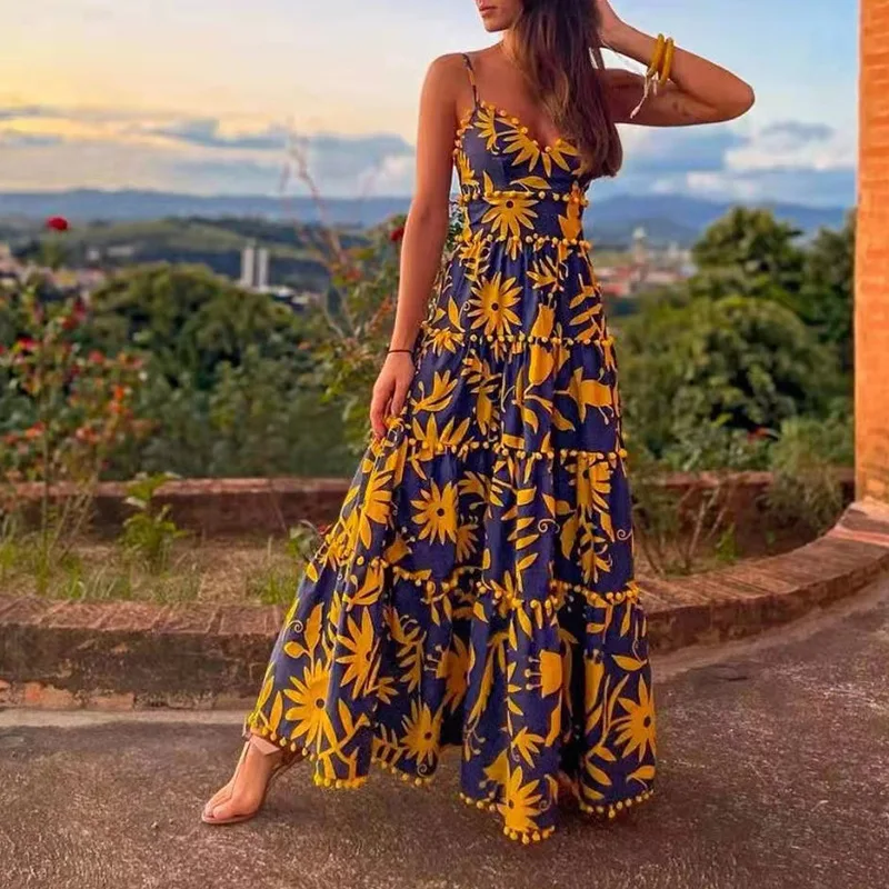 

MSXU Holiday style beach dress in summer 2021 new style sling printing printing and dyeing high waist casual long large swing dr