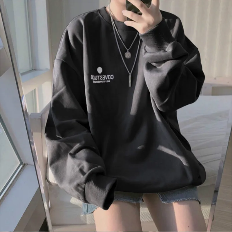 

Pure Cotton Spring Autumn 2020 New Thin Sweater Women Korean Version Solid Color Crew Neck Loose Fashion Splicing Versatile Tops