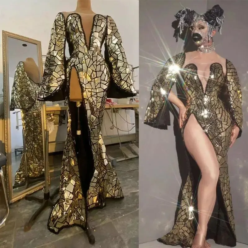 

Sexy Deep V-Neck Gold Sequins Slit Long Dress Birthday Celebrate Outfit Women Dancer Singer Show Evening Wear Prom Party Costume