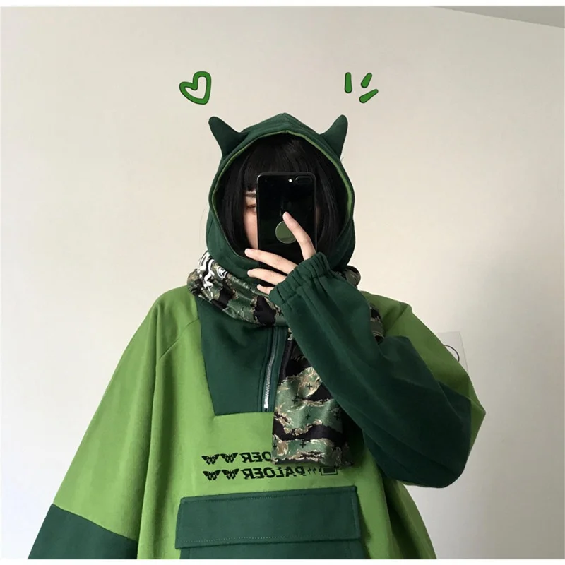 

Oversized Hoodie Kawaii Harajuku Frog Hoodie Alt Aesthetic Streetwear Women Anime Long SleeveCute Pullover Green Top Girls