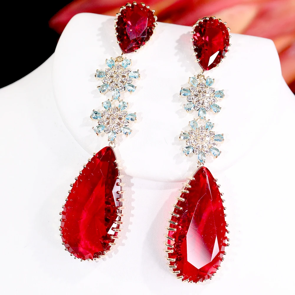 Женские длинные серьги-подвески с рубиновым и красным фианитом | Украшения