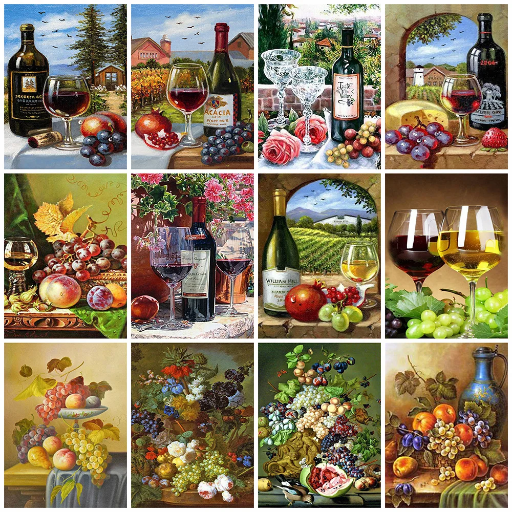 

HUACAN 5d Diamond Painting Fruit Mosaic Landscape DIY Diamond Embroidery Red Wine Home Decor Handmade Gift