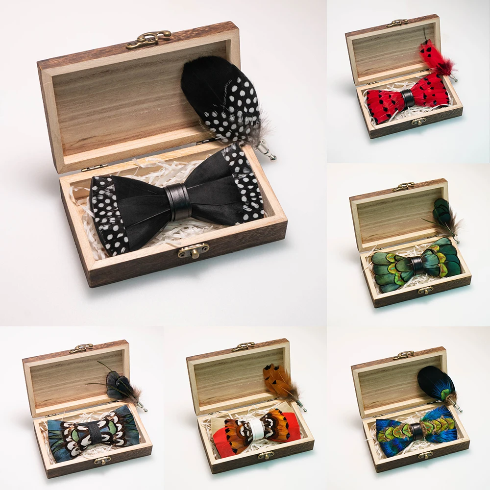 

EASTEPIC Handmade Feather Bow Tie Brooch Wooden Box Set Men's Exquisite Accessories for Wedding Party Birthday Gift Necktie