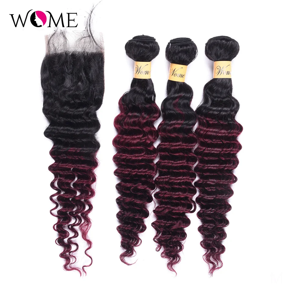 Wome T1B/99J Malaysian Deep Wave Bundles With Closure Red Wine Color Human Hair Curly 4 Bundles With Lace Closure Free Part