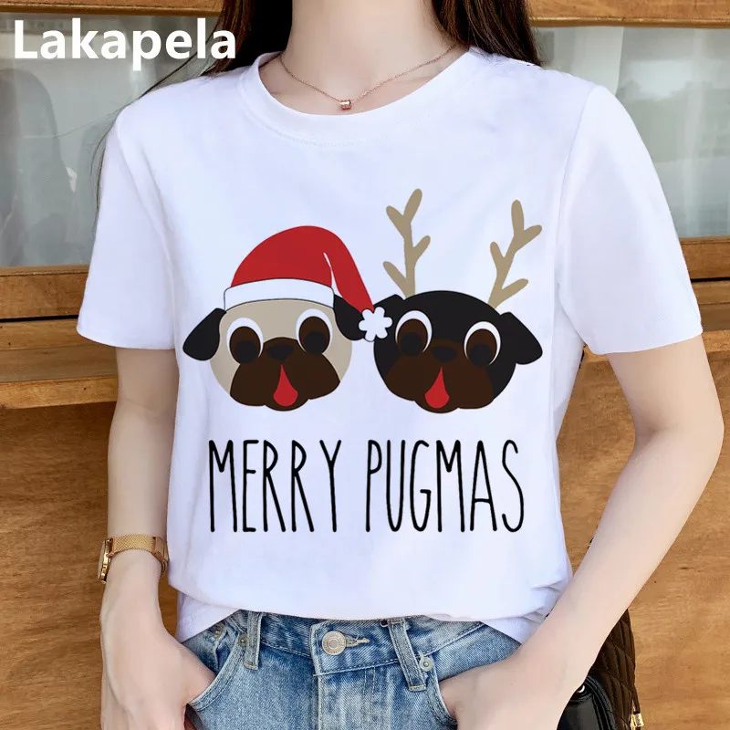 Футболка женская с принтом Щенка Мопса Санты модный топ в стиле Харадзюку