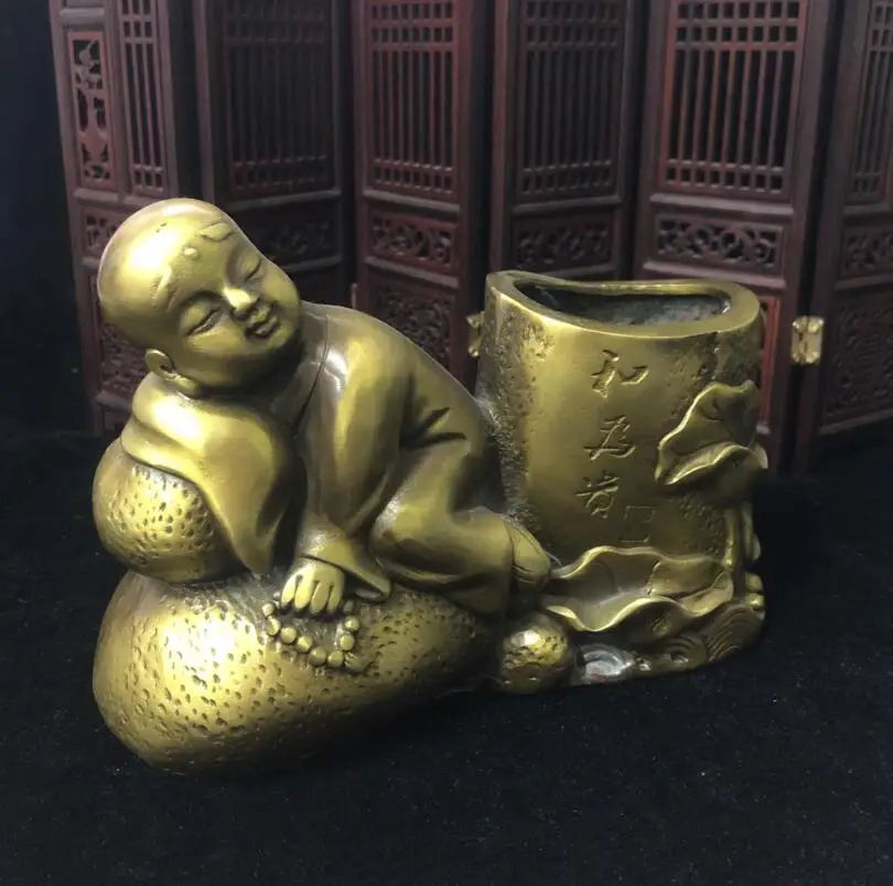 

China archaize brass young monk Pen holder crafts statue