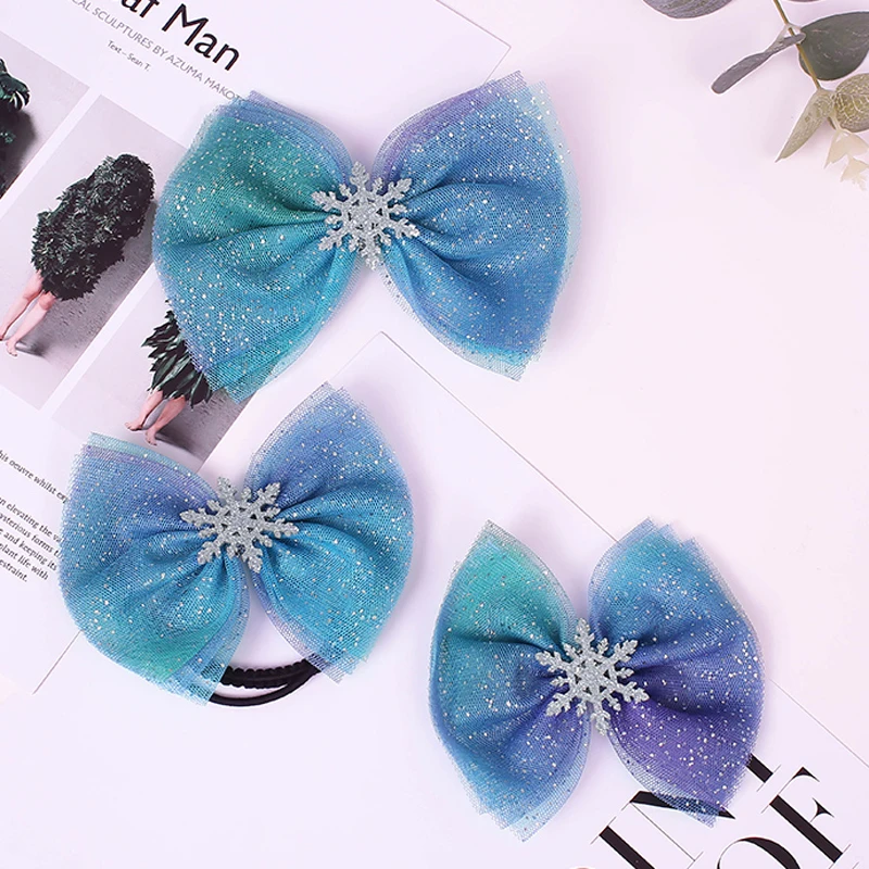 Детские Мультяшные волосы аксессуары синий бант блесток шпилька Снежинка
