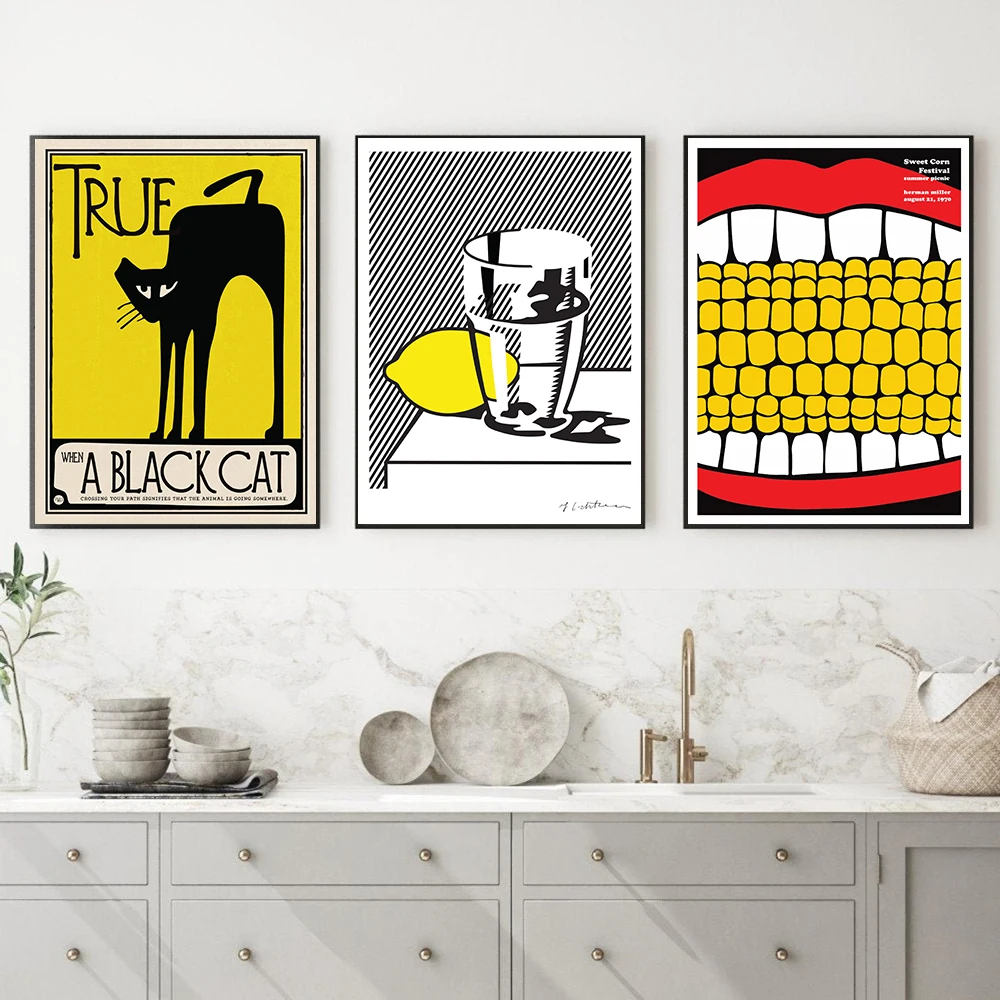 

Summer Picnic Sweet Corn Poster and Print Vintage Fun Black Cat Home Lemon Glass Still Life Canvas Painting Kitchen Wall Poster