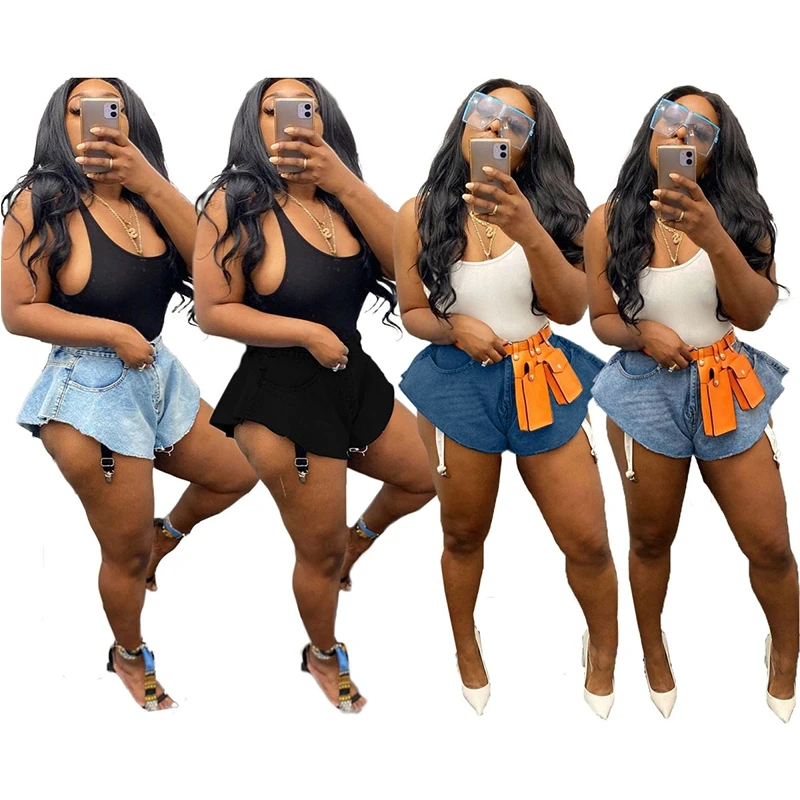 

Plus Size Sexy Elastic Denim Scalloped Shorts Summer Festival Clothes Pocket Loose Outfits Vintage Clubwear Shorts Jeans