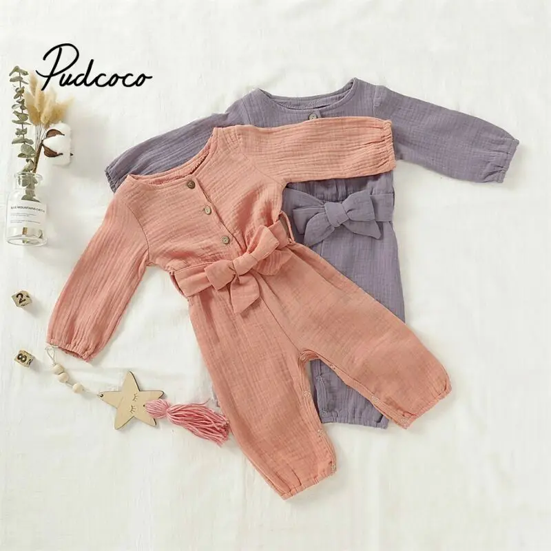 

Cotton Linen Spring Fall Newborn Baby Girl Boy Clothes Long Sleeve Knitted Romper Bow Design Jumpsuit One Piece Outfit 0-24M