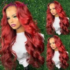 Красный парик с эффектом омбре 13X4 на сетке спереди, плотность 180%, волнистые человеческие волосы, парики для женщин, бразильские волосы без повреждений, цветные красные парики на сетке спереди, человеческие волосы, парики