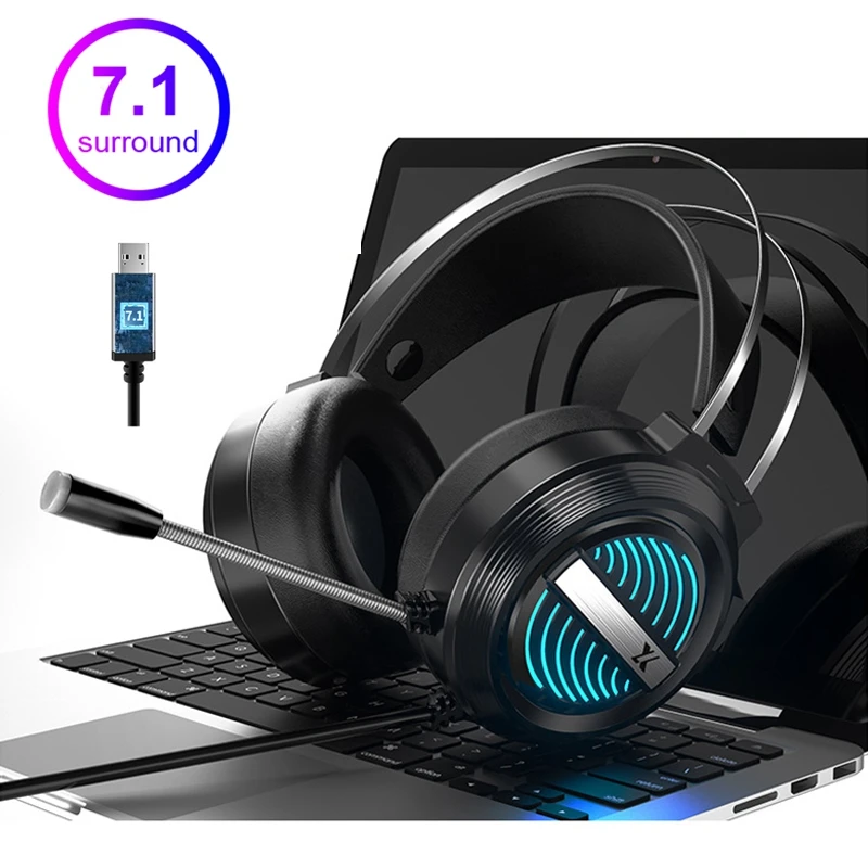 

7.1 USB Computer Laptop LED Gamer Headset, Wired Headphone with Mic for PS4 PC, RGB Light Gaming Helmet for Child Adult Girl Kid
