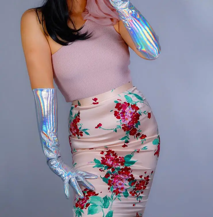 

Women's runway fashion colorful patent silver leather slim glove lady's club performance pu leather long glove 50cm R3002