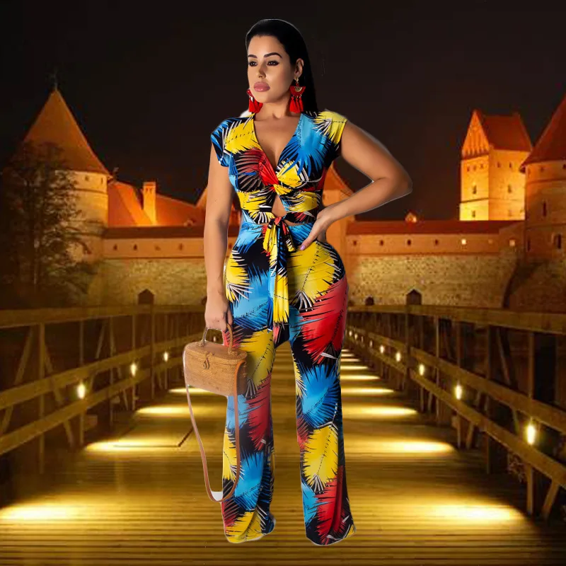 Contrast Color Leaves Print Women 2 Piece Suit Sexy V Neck Short Sleeve Lace Up Crop Top+Casual Full Pants Big Size Set | Женская одежда