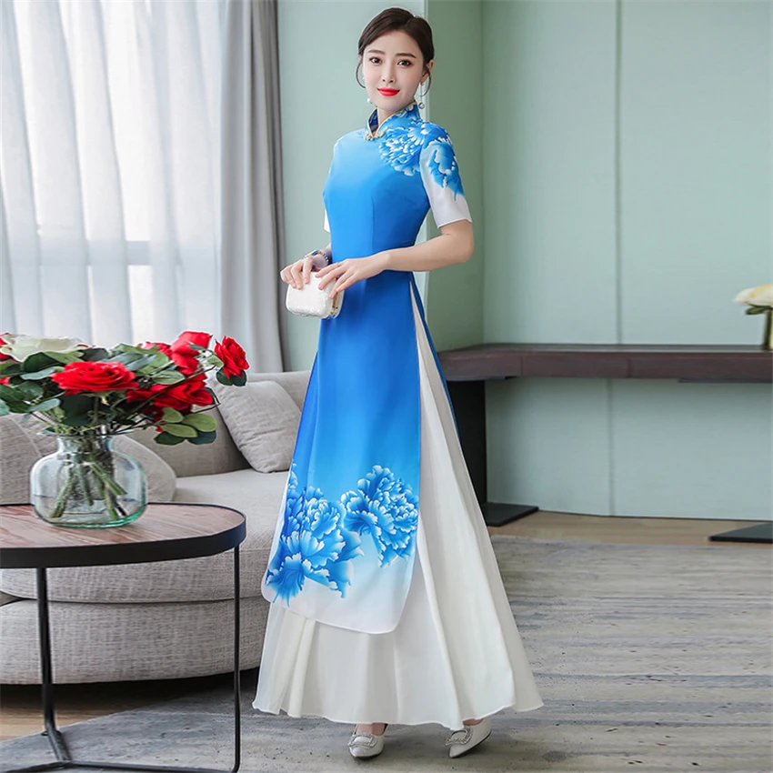 Новая традиционная вьетнамская одежда аозай Вьетнам Cheongsam китайский стиль длинный Ципао вечернее вечерние свадебные платья