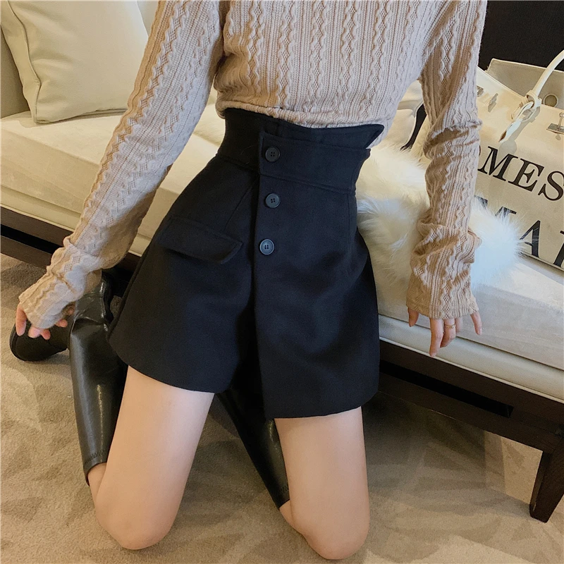 

Ins Spring Winter 2021 Women Mini Skirts Shorts Irregular Design PU Short Pants Button Fly Ladies Formal High Waist Woolen Skirt
