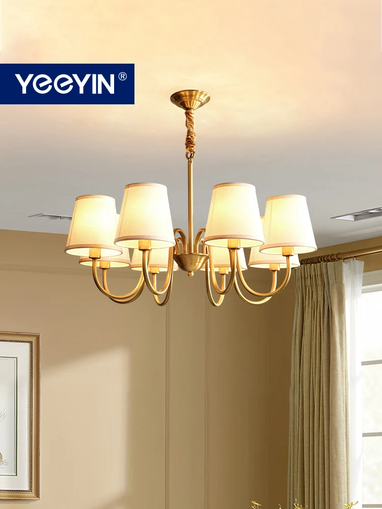 

MOONSHADOW Chandelier Full Copper Living Room Lamp Simple Modern Elegant Bedroom Light Luxury Restaurant Chandelier 220V