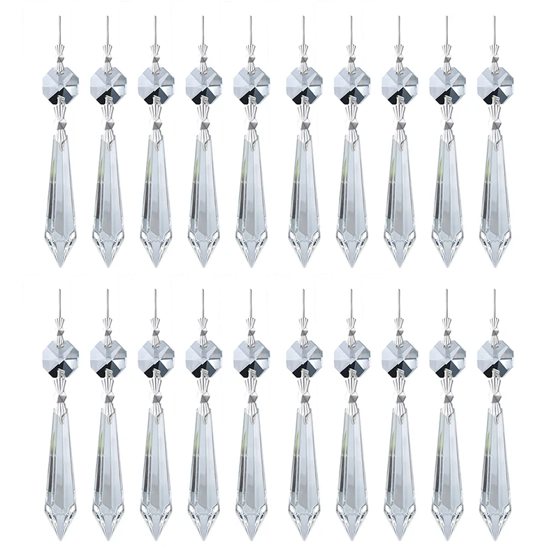 

H&D 20pcs Replacement Clear Chandelier Icicle Crystal Prisms Octogan Crystal Bead for Lamp Decor (55mm&Silver Butterfly Clips)