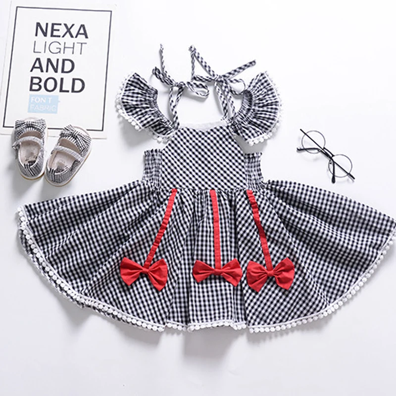 

Summer Girls Dress NEW Plaid Bow Lace Sling Sleeve Student Party Princess Dress Kids Children's Clothing