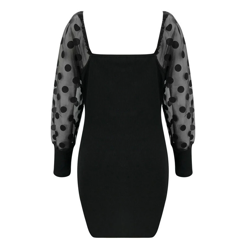

Vintage Women Pencil Dress See Through Square Collar Lantern Sleeve Polka Dot Print Autumn Slim Hips elegant party Dress SJ5000R