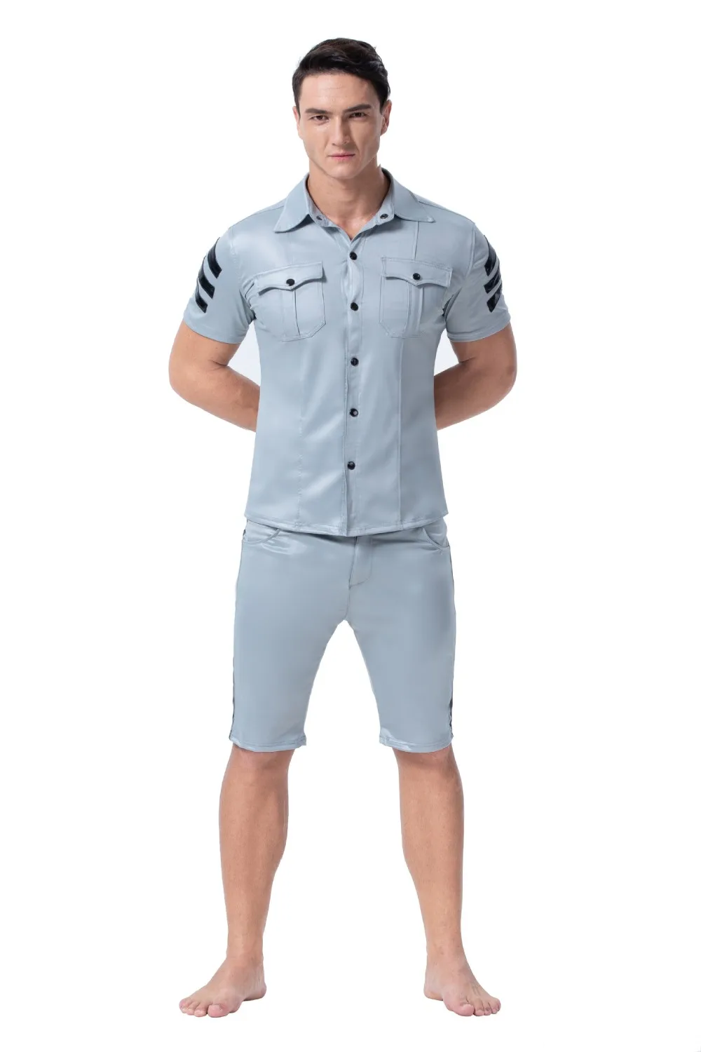 XX149 S-2XL мужские искусственная кожа застежка Брюки с карманами ночной клуб черный ПВХ бондаж шорты Готический полосатый рядом фетиш