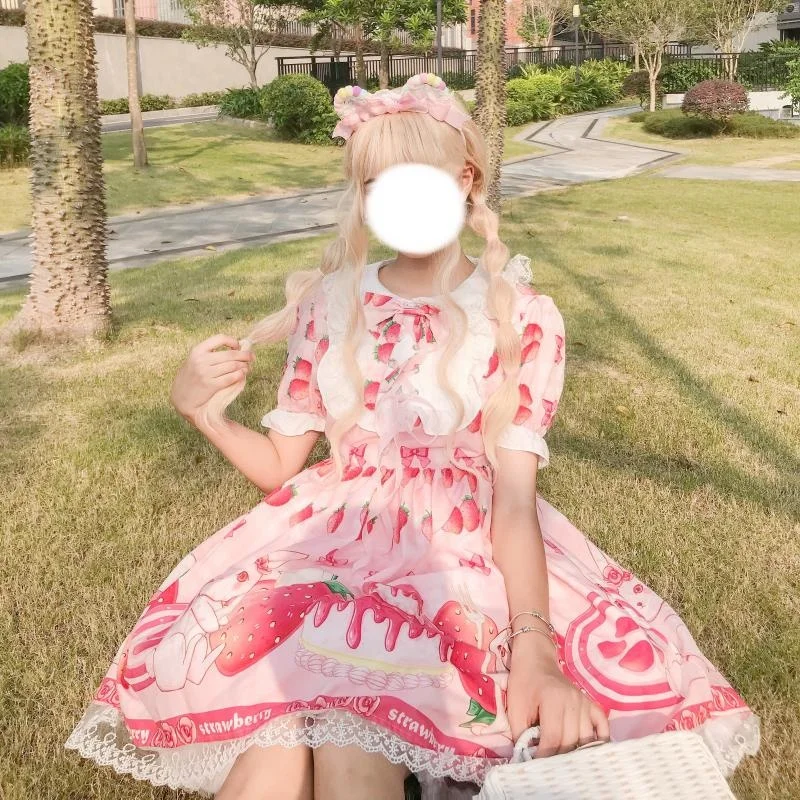 

Summer JSK sweet Strawberry lolita dress Pink Lolita dress pink sweet light Lolita doll collar girl Lolita op dress