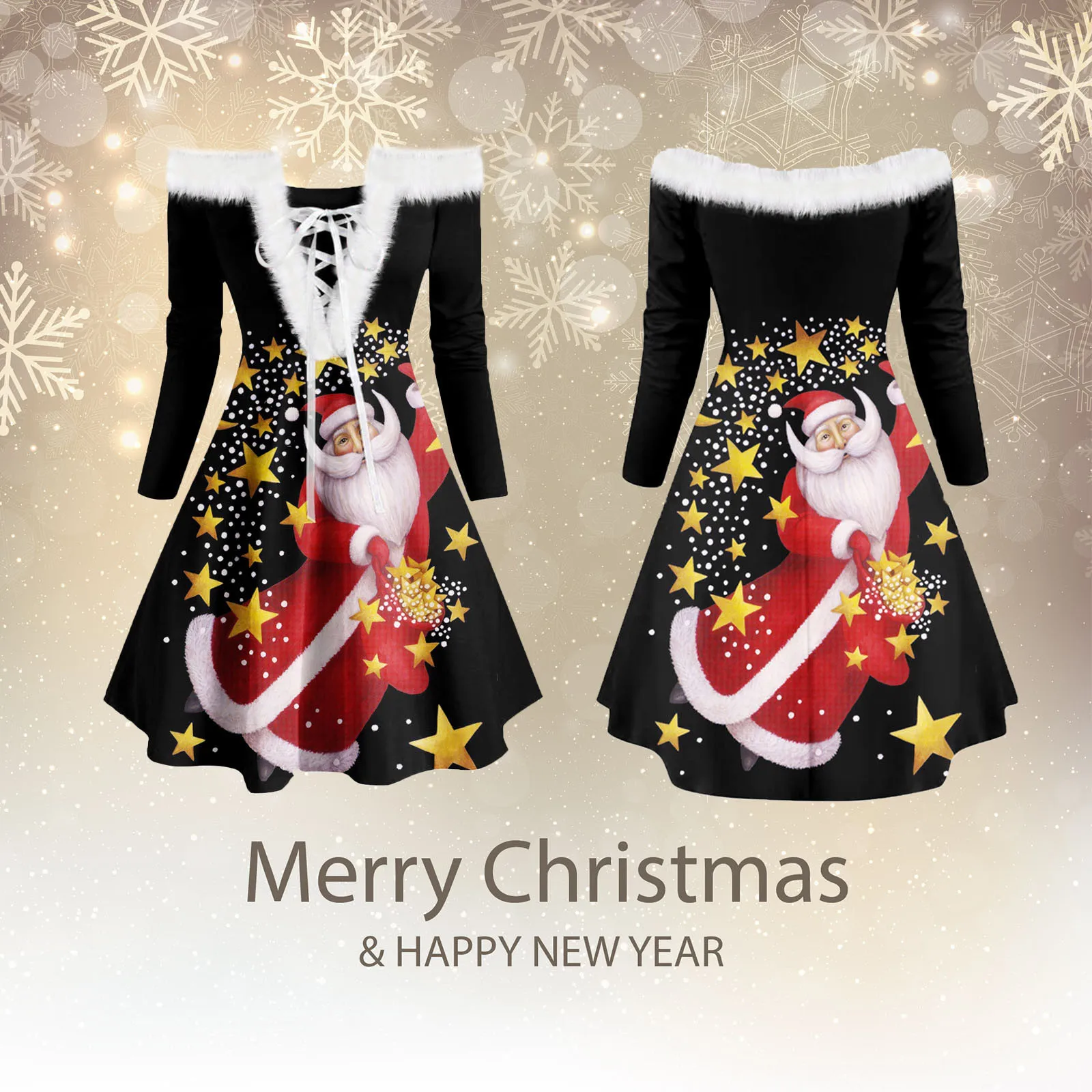 

New Ladies Party Dresses Women's Dress Fur-collar Strapless Sexy Lace-up Christmas Print Retro Plush Long-sleeved Female Dress