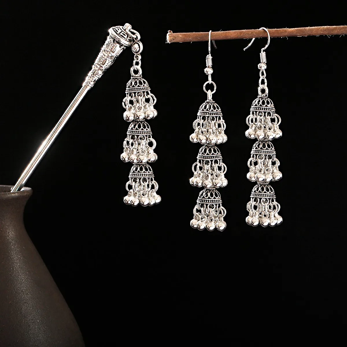 

Bells Jhumka Indian Earrings Hairpins Set Hair Sticks For Hair Accessories Women Jewelry Girl Gift Gypsy Earring Pendant Hairpin