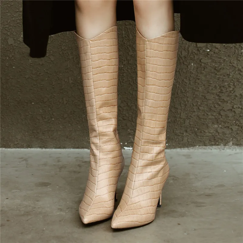 

Женские ботинки из воловьей кожи, с узором под крокодила, с острым носком, на высоком каблуке, размеры 34-43, для осени и зимы
