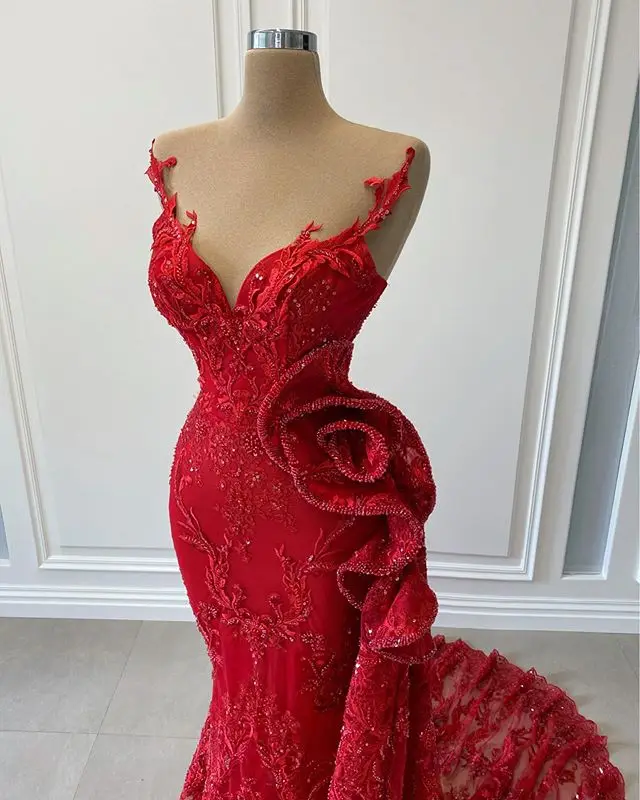 Charming Party Dress Sleeveless Mermaid Applique Sequins Bead Ruffles Formal Evening Dress