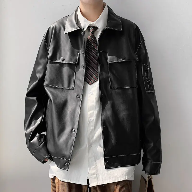 Мужская однотонная куртка из ПУ кожи с длинным рукавом | одежда