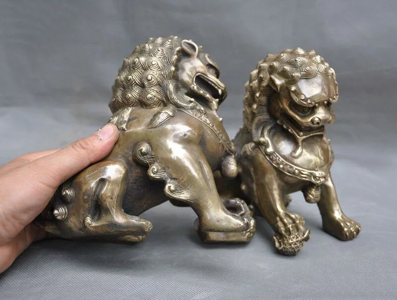 

wedding decoration 8" Chinese Feng Shui bronze Evil Door Guardian Fu Foo Dog Lion beast statue Pair