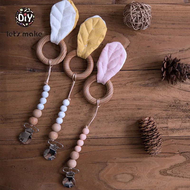 Let's Make Baby Teether Silicone Beads Holder For Nipples Leaves 1PC Latex Free Cotton Metal Ring Teething Wood Pacifier Chain | Мать и
