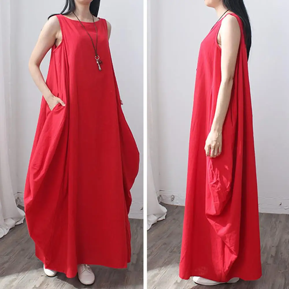 Платье женское длинное из хлопка и льна без рукавов с круглым вырезом|Женские