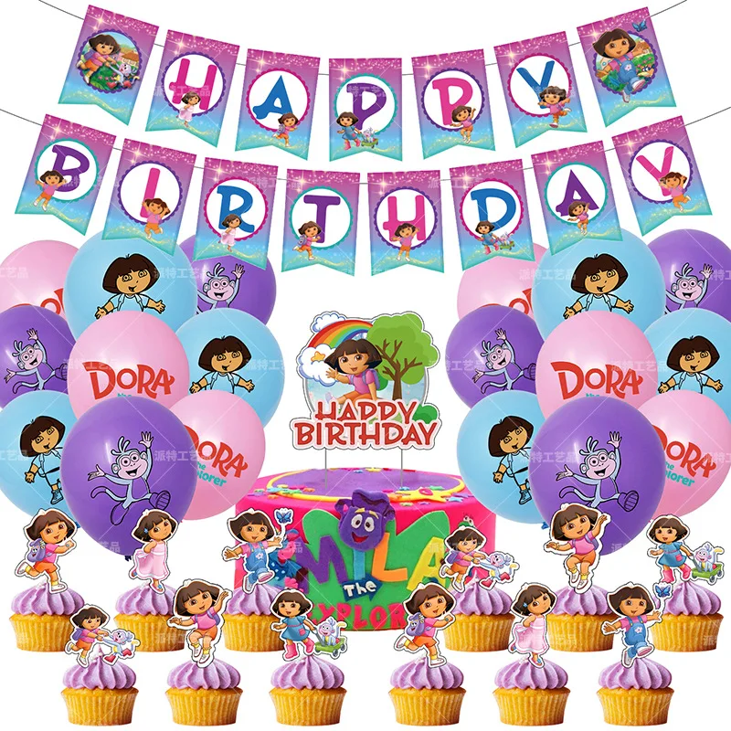 1Set Dora The Explorer Latex Balloons Cake Toppers Flag Banner Set  Happy Birthday Party Baby Shower Girls Gift Decoration Toys