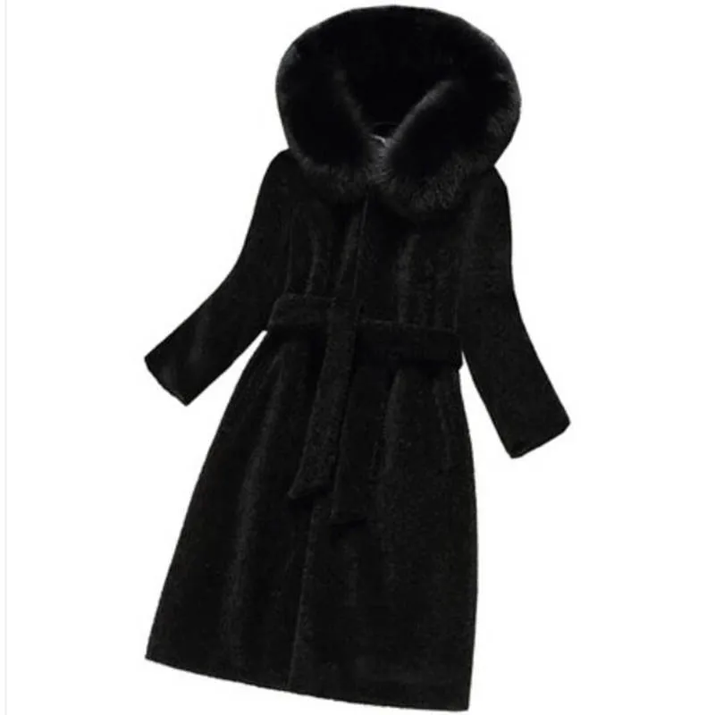 

New Pop Winter Fashion Women Woolen Cashmere Overcoat with Fox Fur Hood Female Lady Warm Clothing Black Plus Size 3xl A075