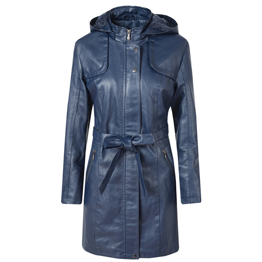 

Cool Leather Long Jacket For Women 2021 Spring Loose Belt PU Leather Windbreaker Trench Coats Female Slim Autumn Hooded Overcoat