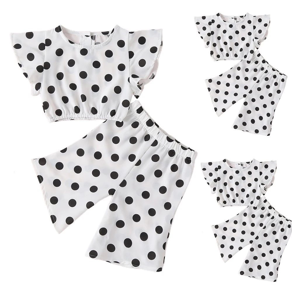 

Kids Girls Short Sleeves Polka Dots Set Tops + Pants Suits Loose Summer Outfits