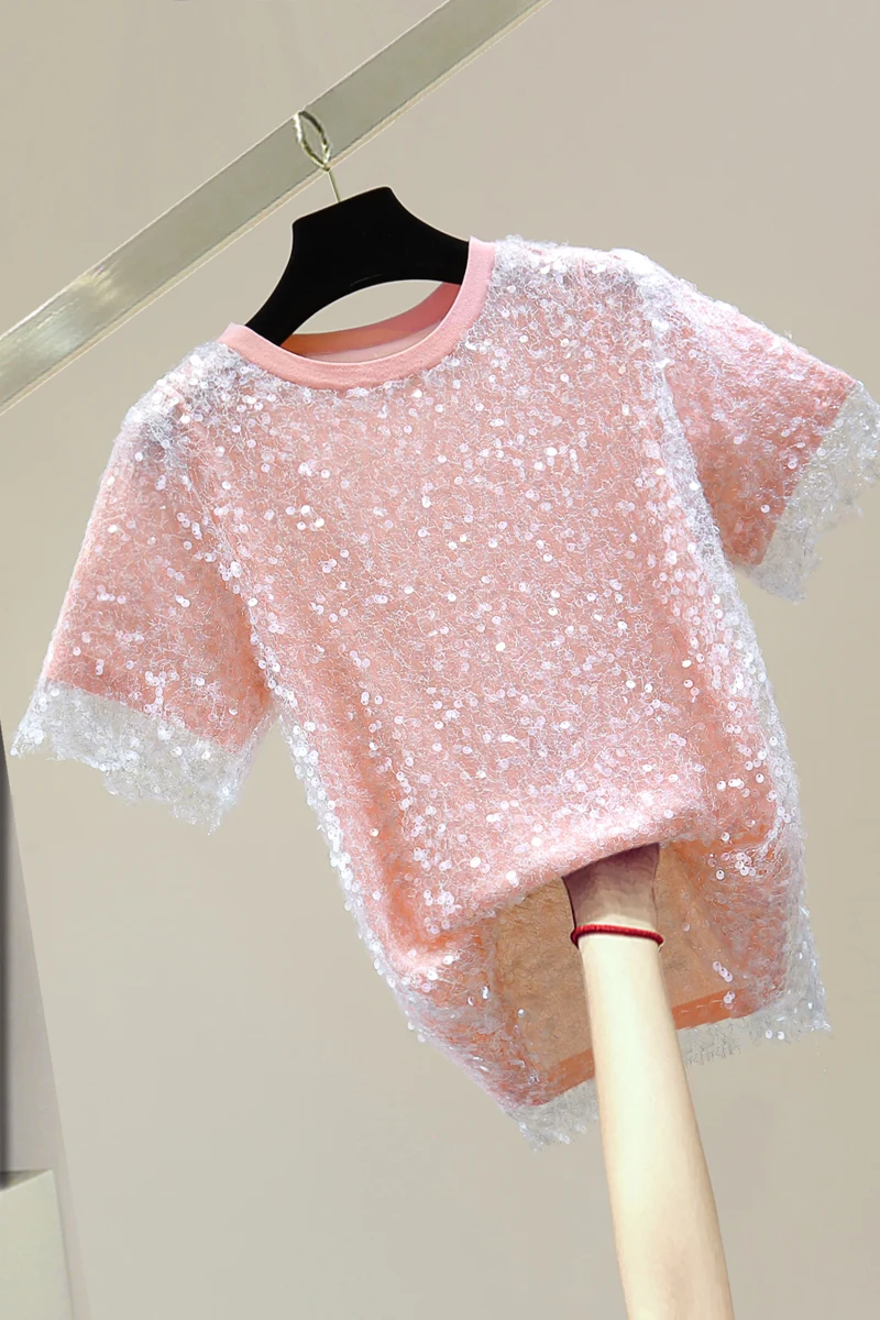 

Sequined Stretch Short Sleeve T-shirt 2021 Summer Korean Style Loose All-Matching T-shirts Girls Lady Pink T Shirt Students Tops