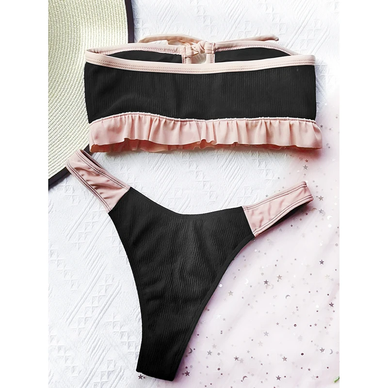 

Pleated Tube Top Bikini Patchwork Swimsuit Women's Swimwear 2021 High Waist Bikini Set Sexy Thong Biquini Bathing Suit Beachwear