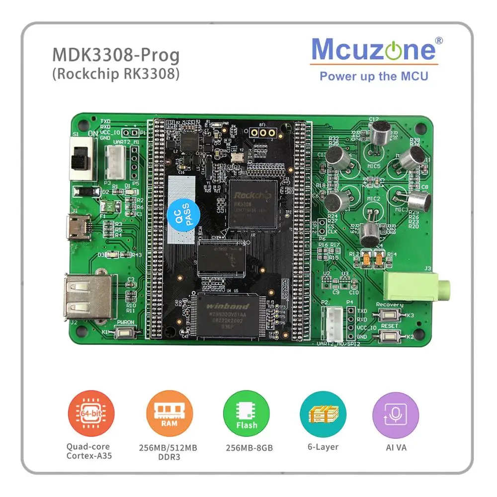 Rockchip RK3308 на основе MDK3308_Prog, четырехъядерный телефон, до 1,3 ГГц, 256 Мб DDR3/3L 256 Мб NAND, AI VA HMI MT7601 USB WIFI