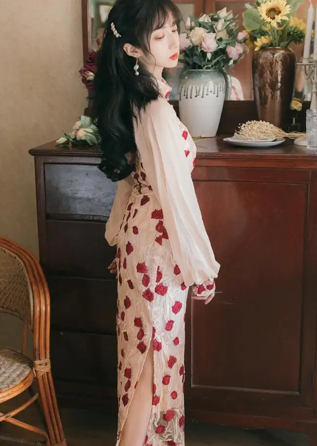 

2020 Spring Women Dress Chinese style Stand Collar Lantern Sleeve Patchwork Embroidery Elegant Split hem long Dress r2421