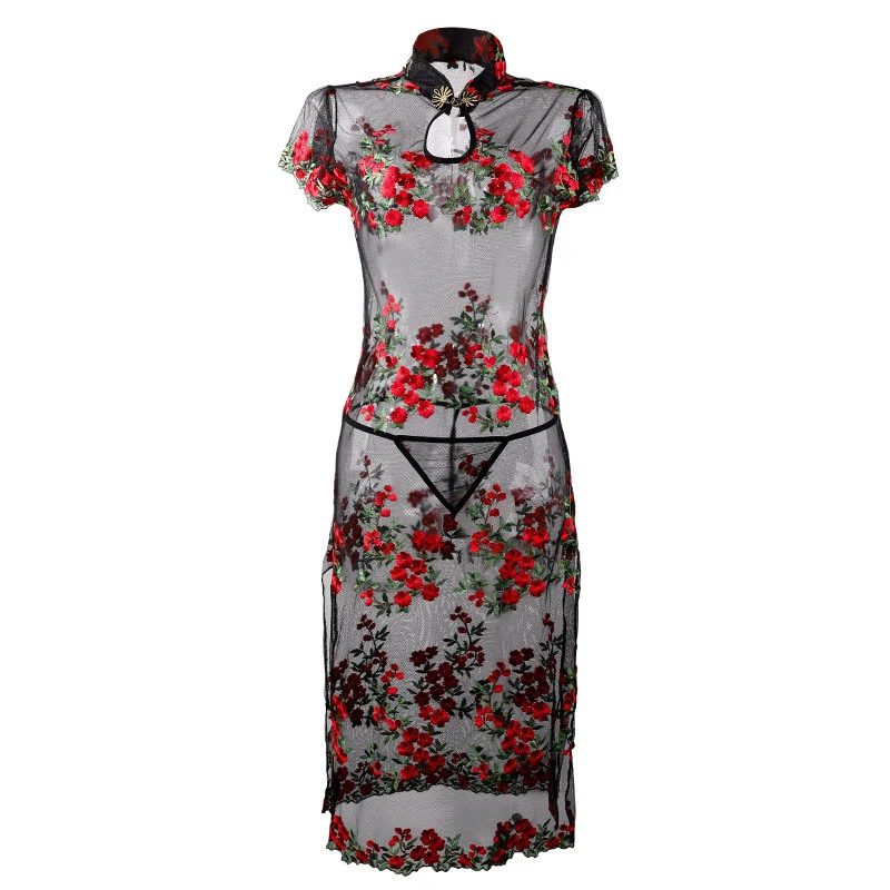 Мини китайское платье с разрезом Cheongsam Qi Pao нижнее белье женское вышитое платье-чанпао прозрачная сетчатая комбинация сексуальные горячие эротические вечерние платья