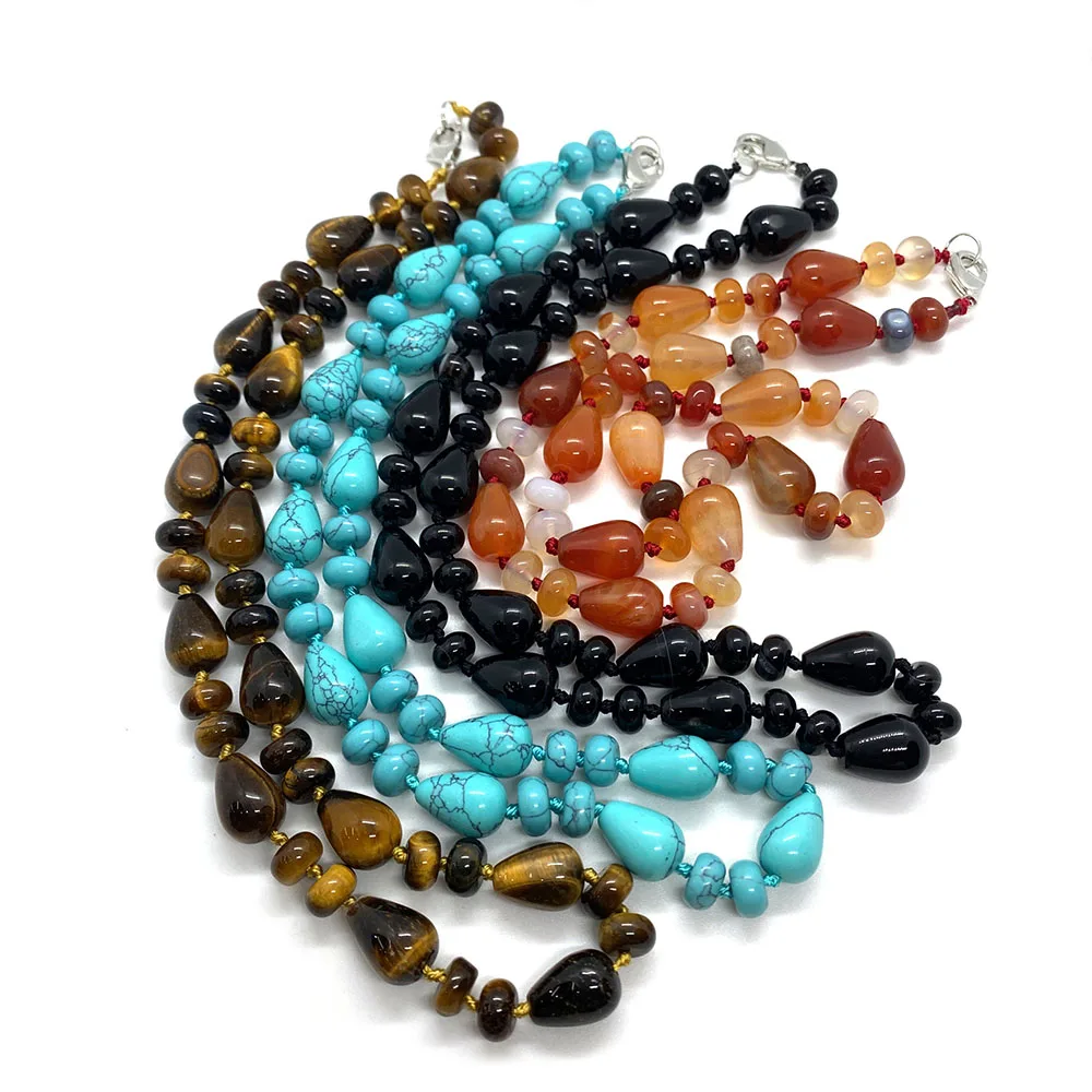 

Natural Stone Necklace Drop-shaped Picture Stone Flower Green Stone Tiger Eye Stone about 18 Inches Fashion Retro Jewelry10x14mm