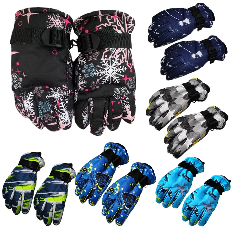 

KLV Kids Fashion Print Winter Ski Gloves Snow Snowboard Windproof Waterproof Outdoor Sports Adjustable Wrist Thicken Mitten