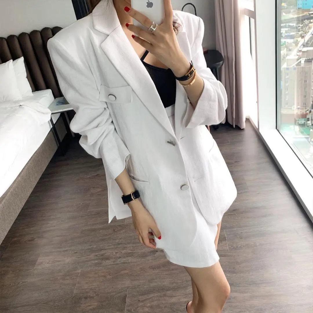 

White Fashion 2021 Spring Blazer + Skirts Two Peice Set Women Double Breasted Suit Jacket High Waist Skirts